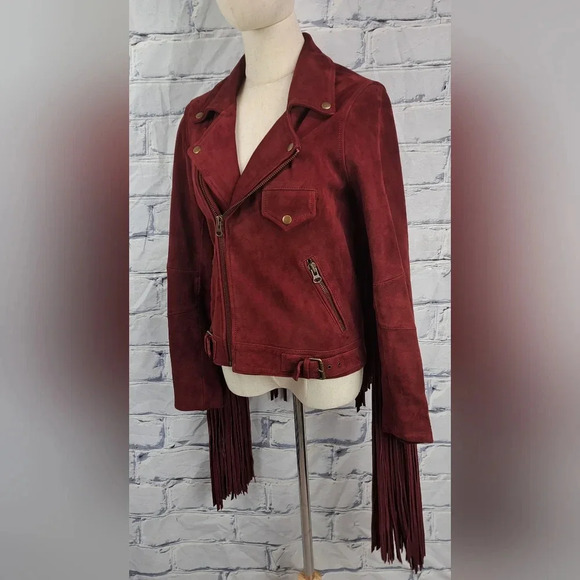 Nasty Gal Women's Leather Real Suede Jacket Fringe Western Boho Red Small - Picture 3 of 16